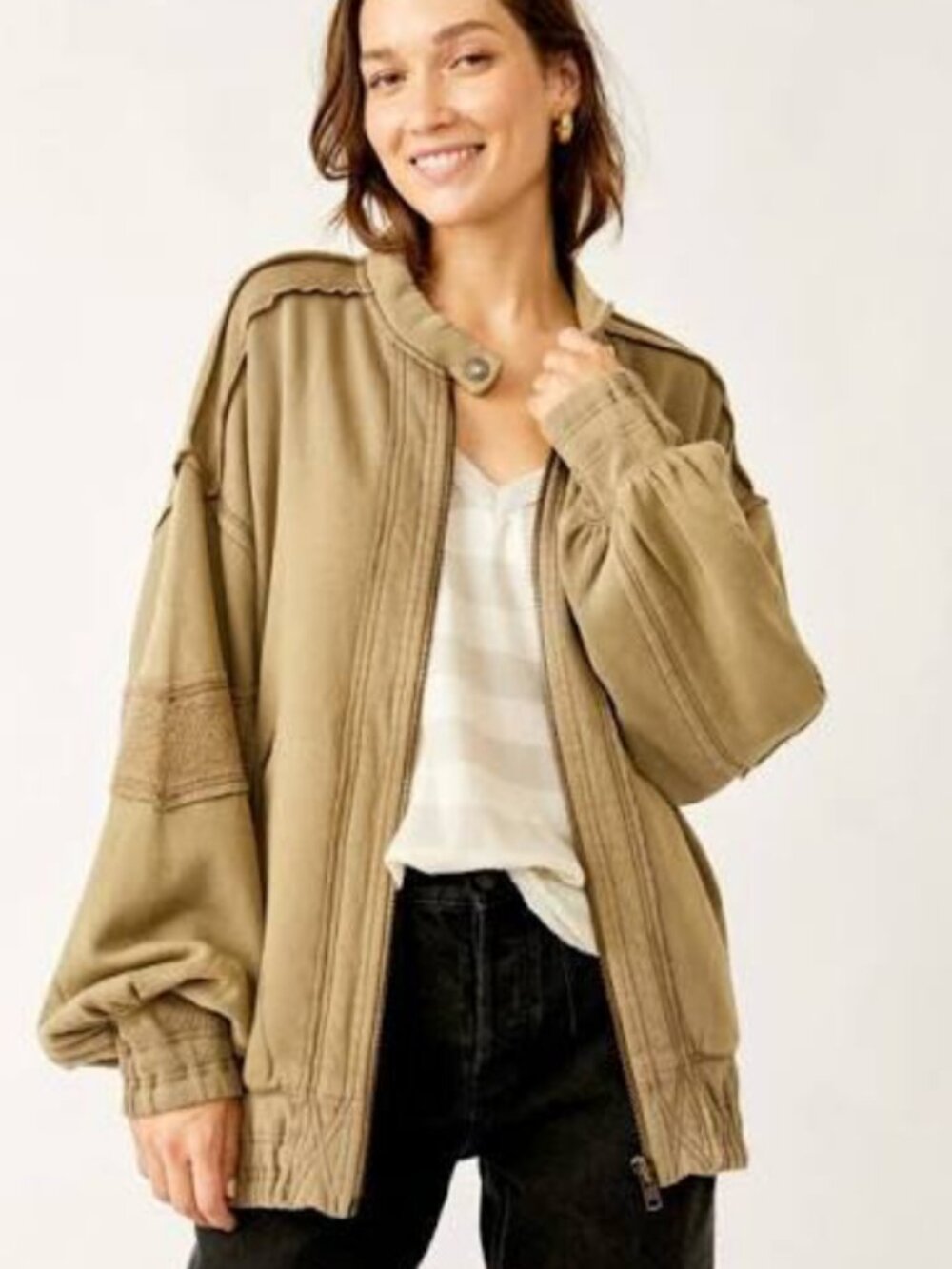 Free People Lou Moto Zip Jacket Dropped Shoulders Long Sleeve Olive Stone XS